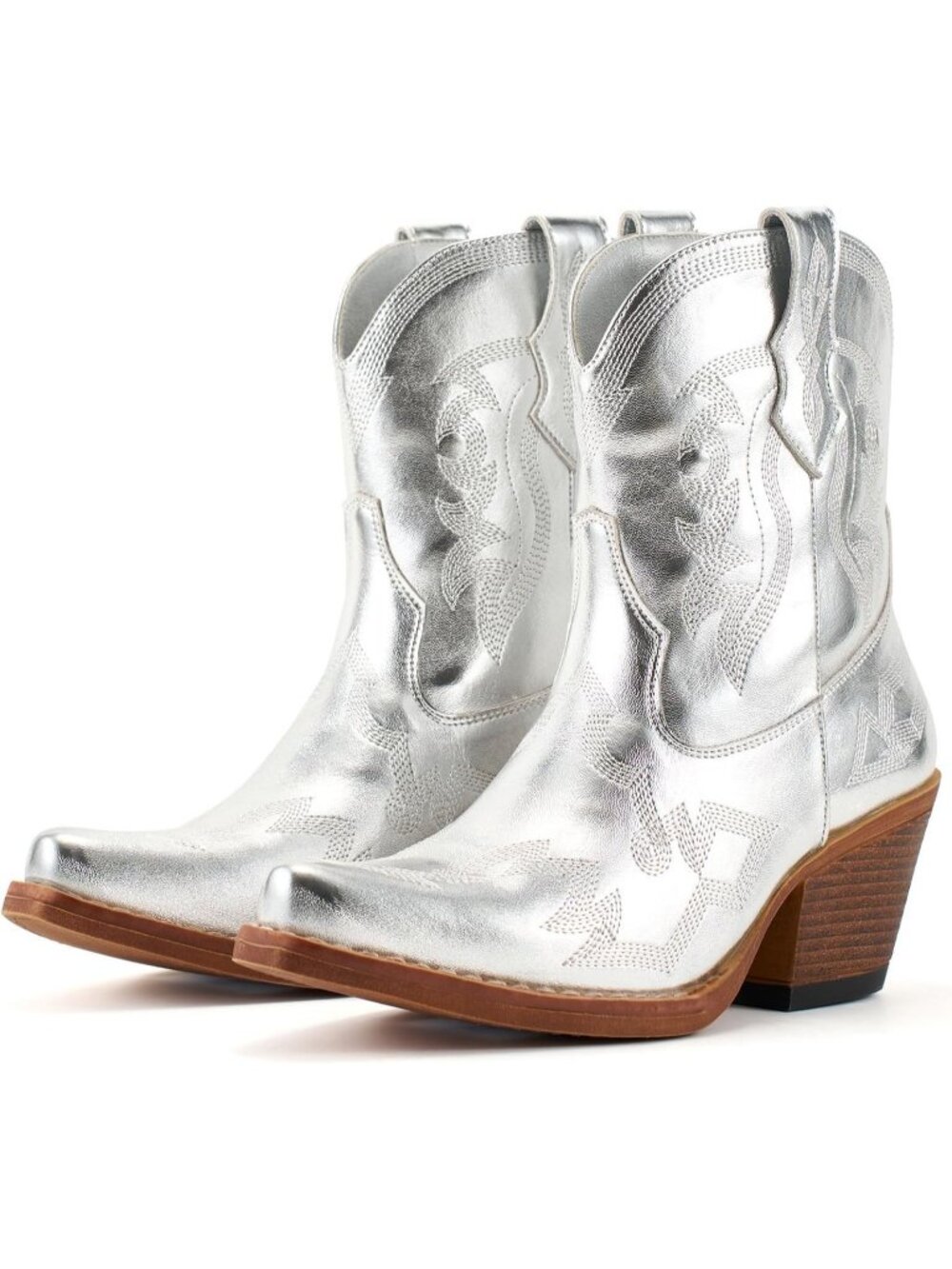 Women's Silver Cowgirl Ankle Boot Snip Toe Chunky Heel Classic Western Pull On